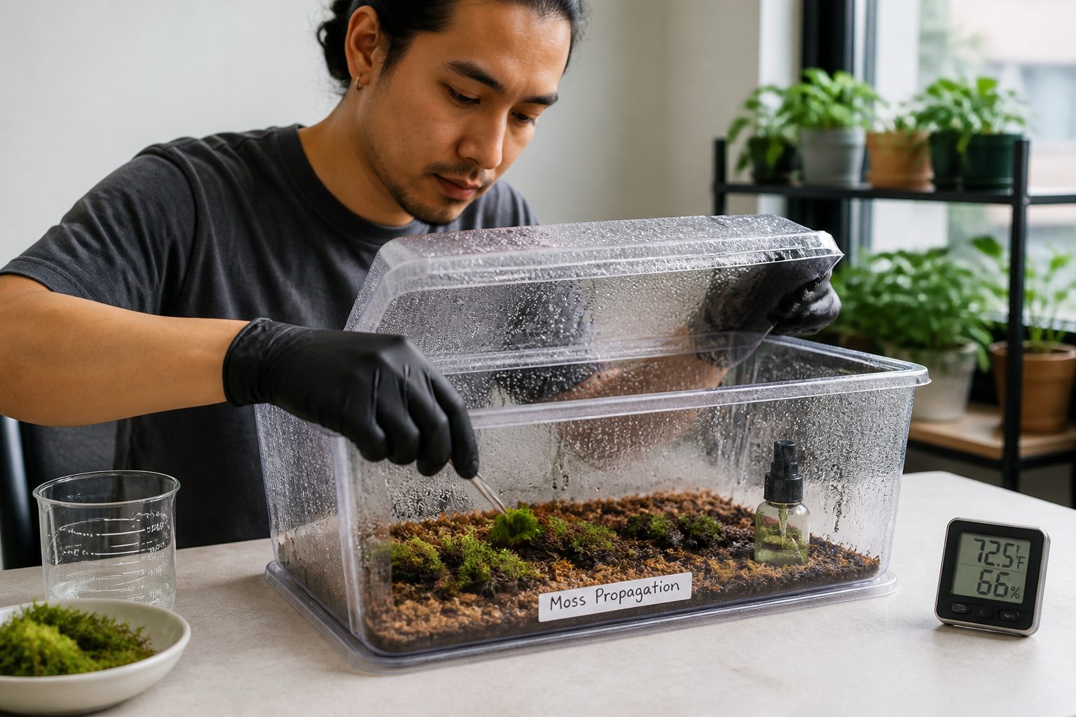 A gardener places moss fragments into a clear humidity box with condensation to keep the enclosure moist.