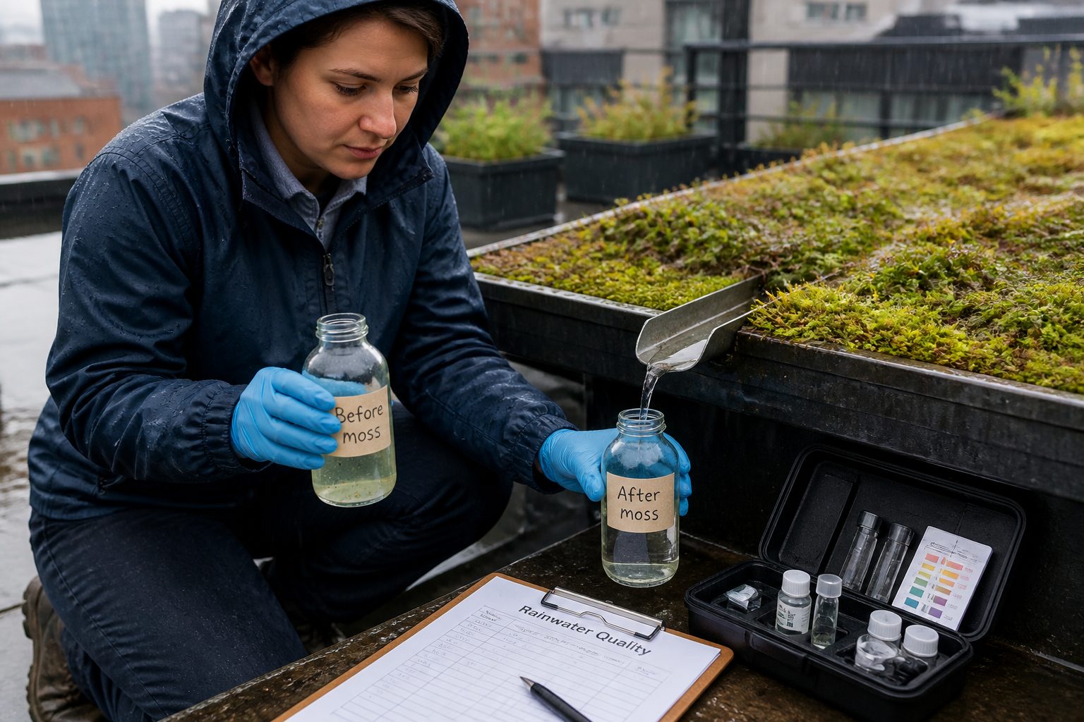 A researcher collects rainwater runoff after it passes through a moss surface, comparing a cloudy sample and a clearer sample on a rooftop setup.