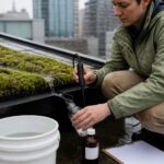 A researcher collects rainwater draining from a moss-covered tray and tests the water quality with a handheld meter on an urban rooftop.