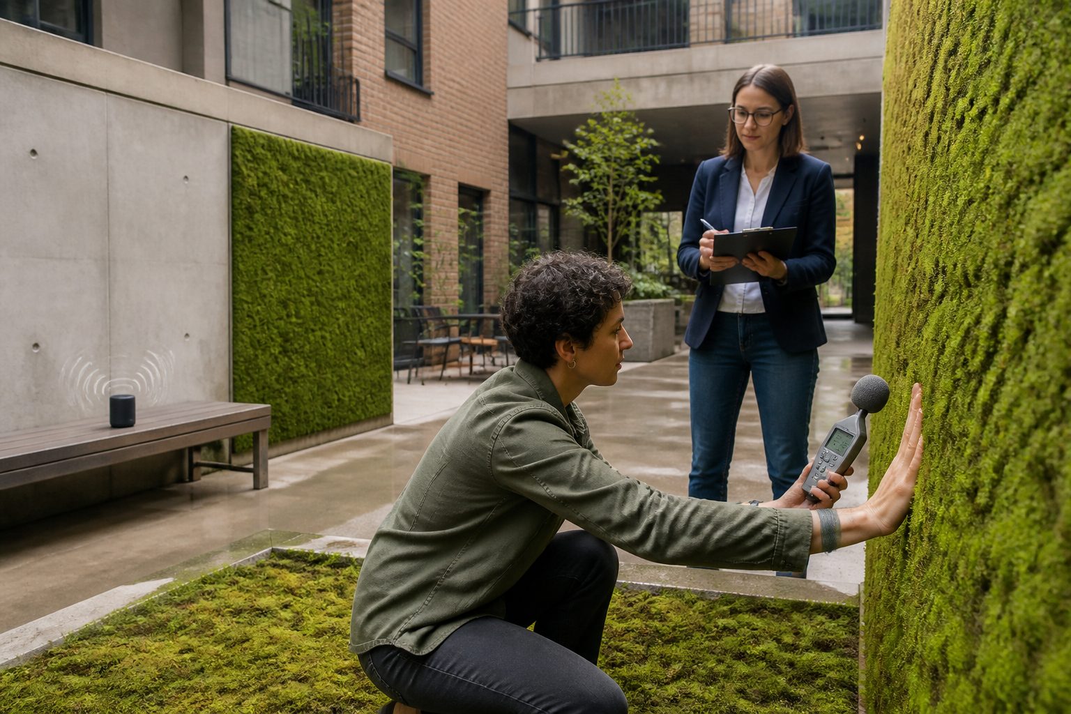 An urban ecologist measures noise with a sound level meter beside a moss covered wall in a small courtyard while another professional observes.