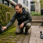 An urban ecologist measures sound near a moss covered wall in a small courtyard using a handheld sound level meter.