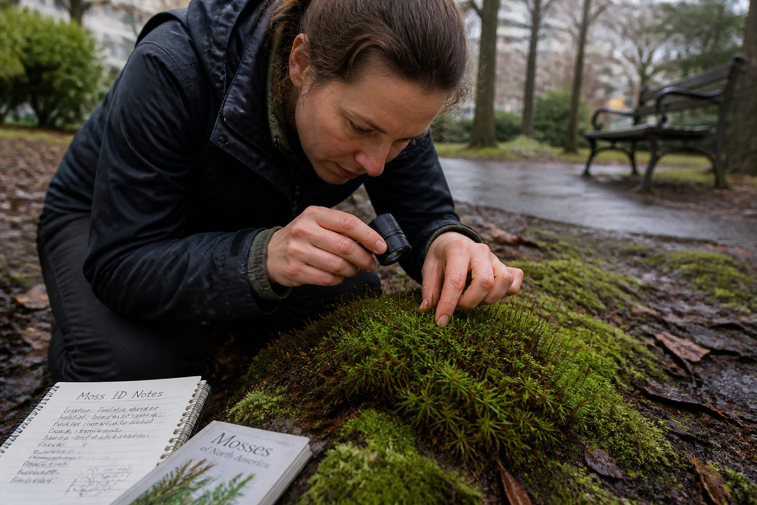 A botanist kneels in a damp city park and uses a hand lens to examine star shaped Polytrichum commune moss growing beside a path.