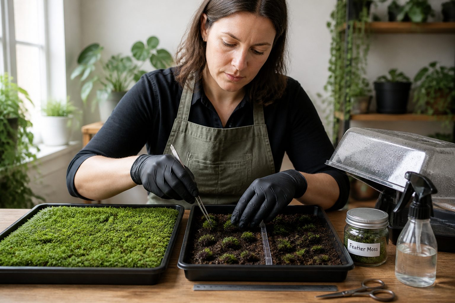 A woman propagates feather moss indoors by dividing a moss mat and pressing small pieces into a damp tray to control spread and keep patches dense.