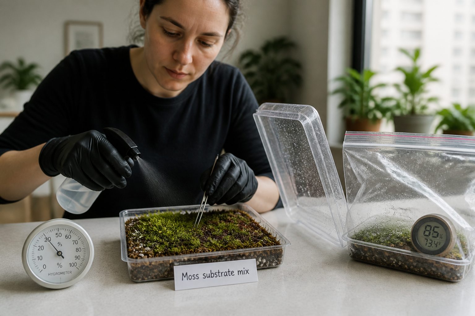 A person mists moss in a propagation tray and seals it under a clear humidity cover with a substrate mix on a tabletop.