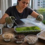 A person mists a tray of moss and seals it under a clear cover on a windowsill with a hygrometer showing dry air and substrate materials nearby.