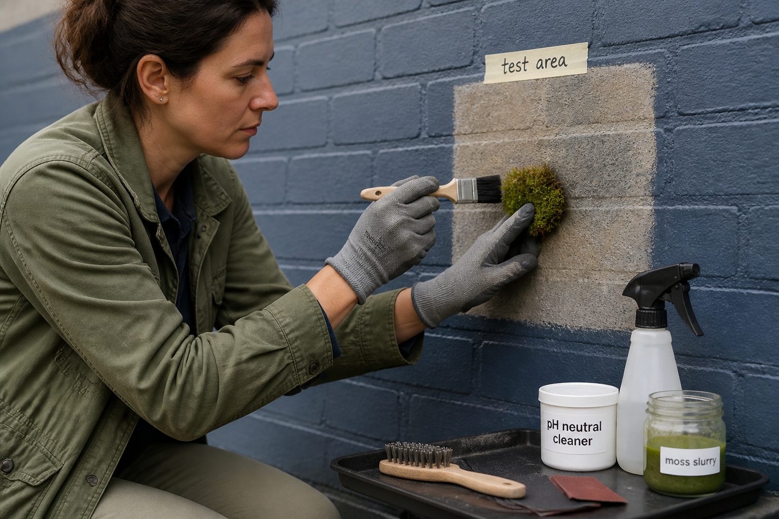 A researcher wearing gloves prepares a painted wall and presses a patch of live moss onto the surface using a brush and adhesive.