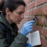 A bryologist uses a hand lens to identify Tortula muralis moss growing in brick mortar on an urban wall.