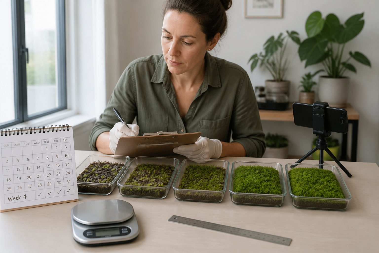 A woman records notes on a clipboard while comparing moss propagation trays at different growth stages on a table.