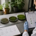 A scientist wearing gloves compares moss growth in several propagation trays and marks progress on a clipboard log sheet.