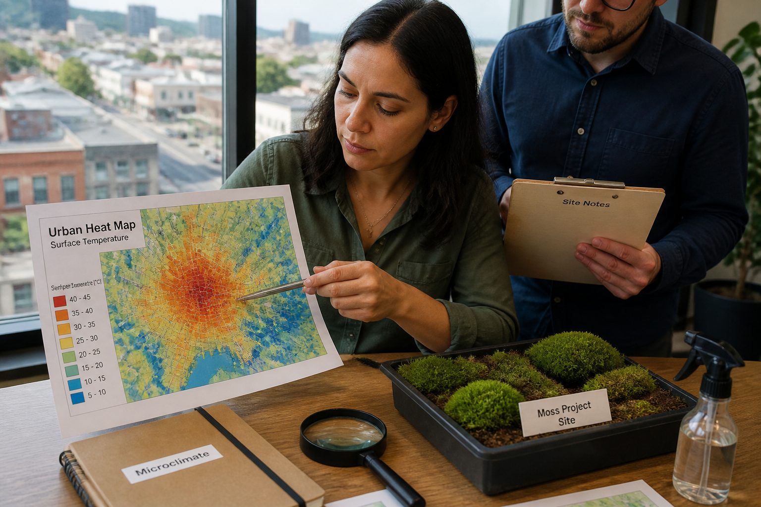 A woman and a man study a municipal urban heat map on a desk beside a small moss planter and site notes.