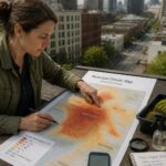 A woman reviews a municipal urban heat island map on a table beside a tray of live moss and field notes on a city rooftop.
